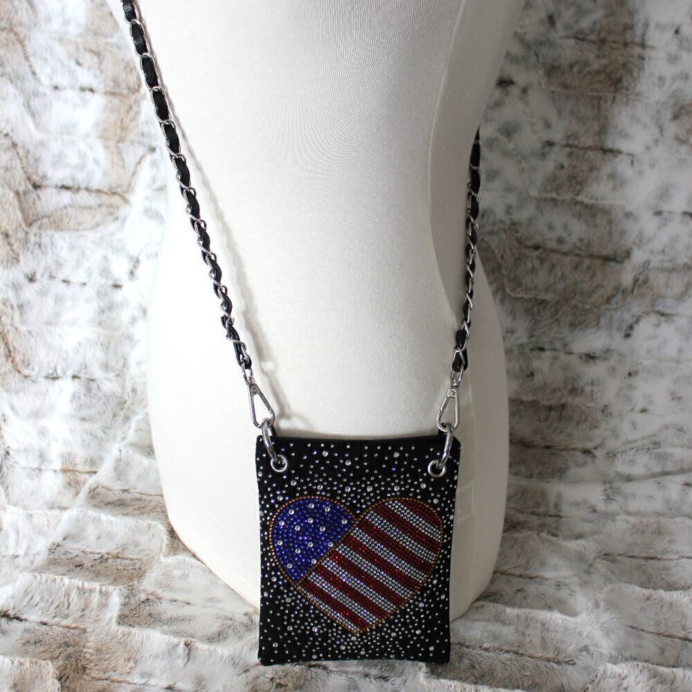 Patriotic Red White Blue Rhinestone Bling Black Hobo Crossbody Mini Phone Bag - Picture 12 of 14